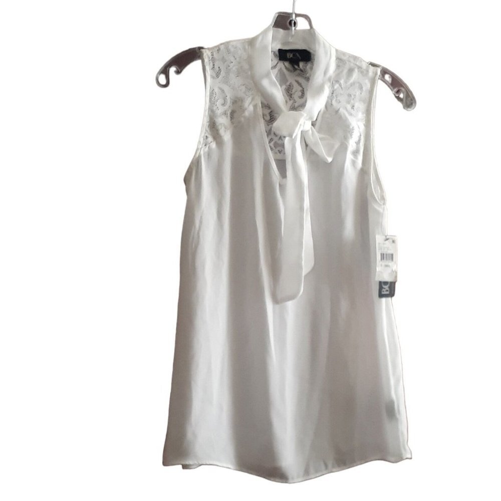 BCX Blouse Bright White Bow Neck Lace Back Career Travel XS NEW